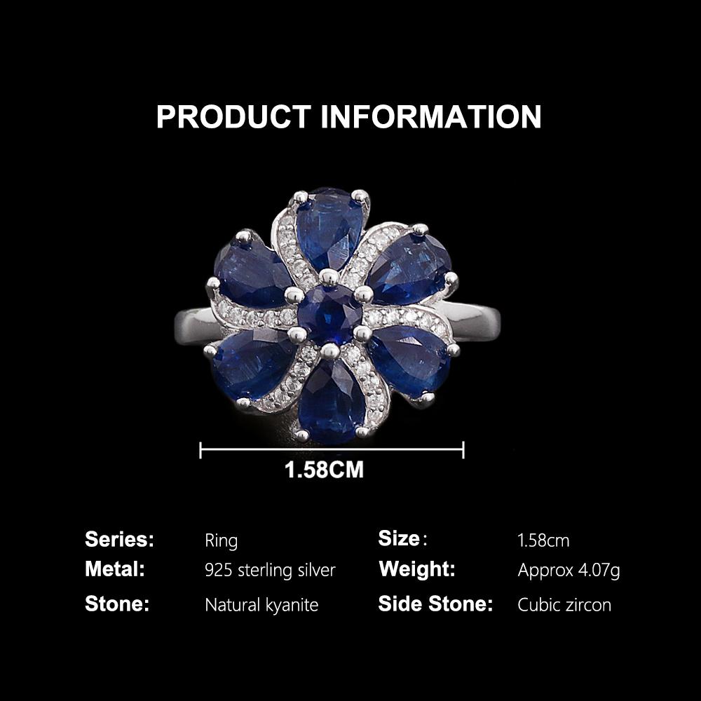 Элегантное кольцо из стерлингового серебра 925 пробы с натуральным кианитом, настоящими драгоценными камнями, дизайн в форме цветка, изысканное ювелирное изделие для женского банкета, подарки