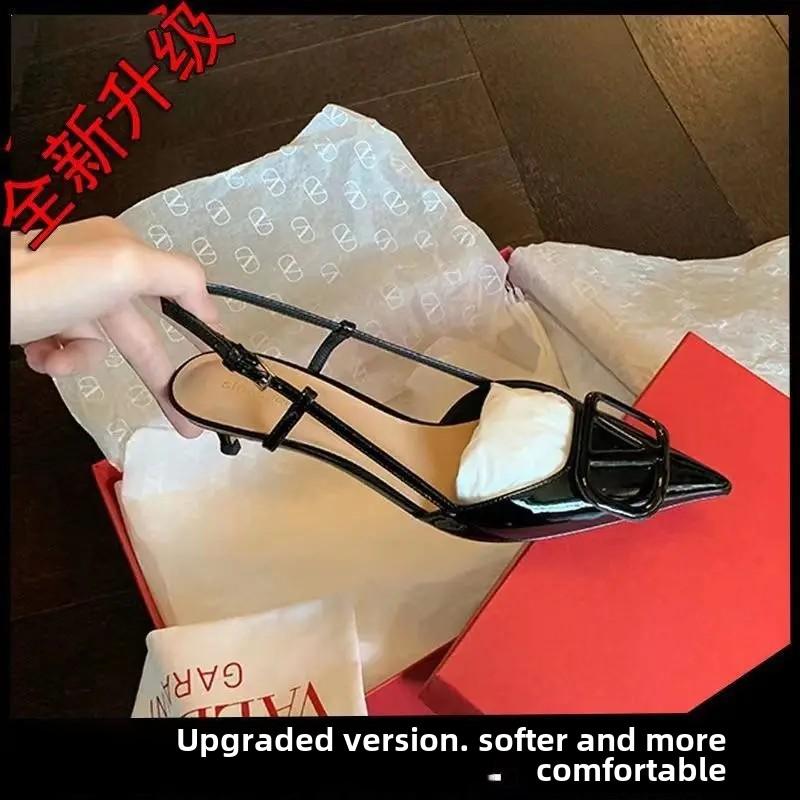 Новые летние туфли на высоком каблуке во французском стиле 42 Fine Track Pointed V Buckle Strap Sandals Black Women Shoes