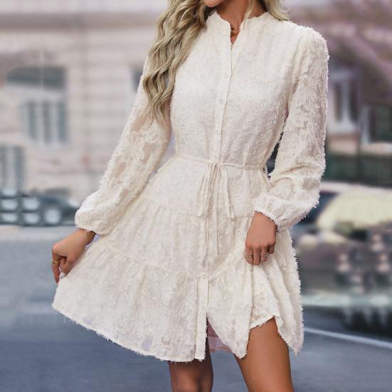 Fall Spring Women Dress Round Neck Lace Applique Long Sleeves Button-down Lace-up Strap Slim Waist A-line Big Hem Dating Party Midi Dress