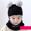 Baby Kids One Pieces Knitted Pom Hat Scarf Set Toddler Warm Double Fur Beanie Wool Hats Scarves