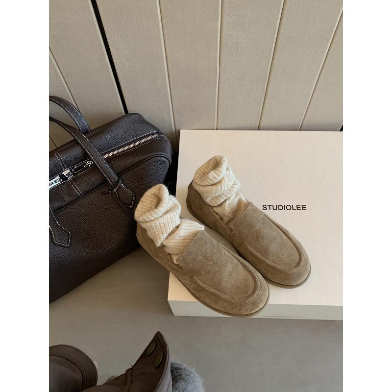 Cowhide Version~ Genuine Leather Retro Soft Waxy Women's Autumn and Winter New Round Head One-pedal Plush Beanie Shoes