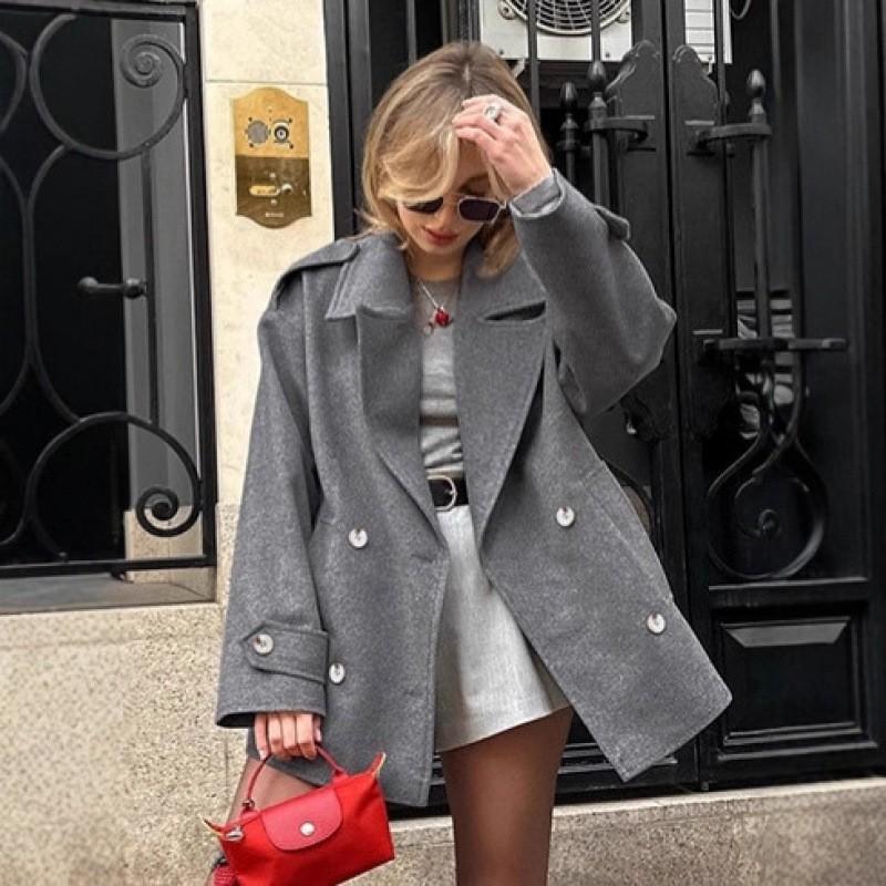 Womens French Style Gray Wool Blend Blazer 2026 Elegant Loose Mid-Length Coat Office Commute