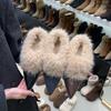 Французские туфли из коричневой кожи с острым носом и толстым каблуком, теплые пушистые туфли, серые туфли на высоком каблуке, осенне-зимние, элегантные