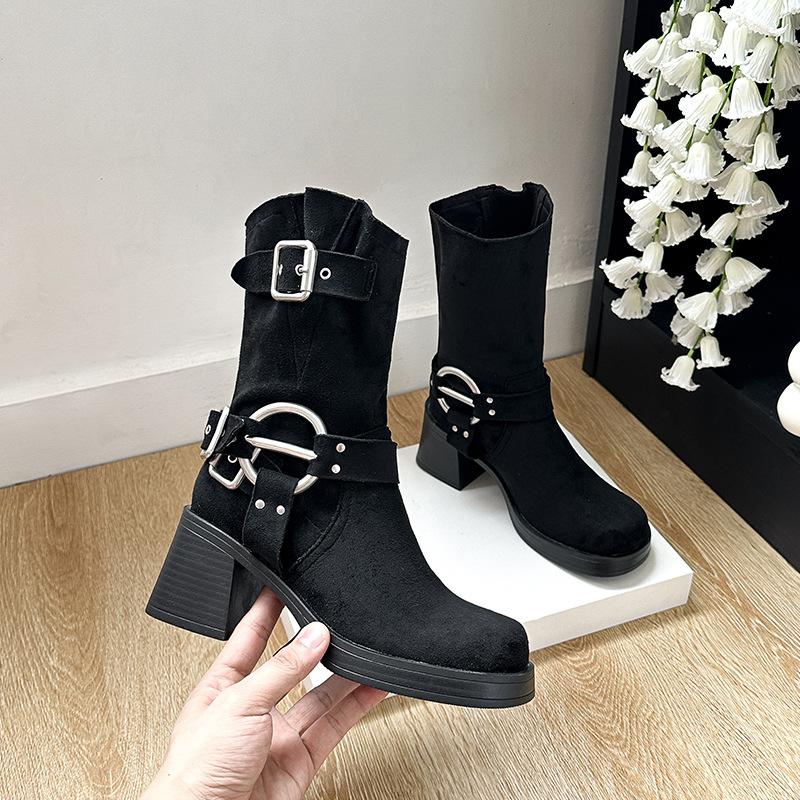 Three-buckle version retro short locomotive Martin boots 2025 autumn belt buckle thick heel heightening short boots autumn and winter women