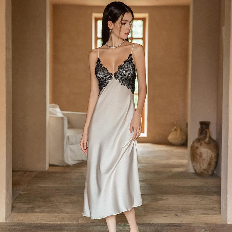 Pajamas women's sexy pure desire French dress new autumn and winter ice silk high-end suspender nightdress loungewear set