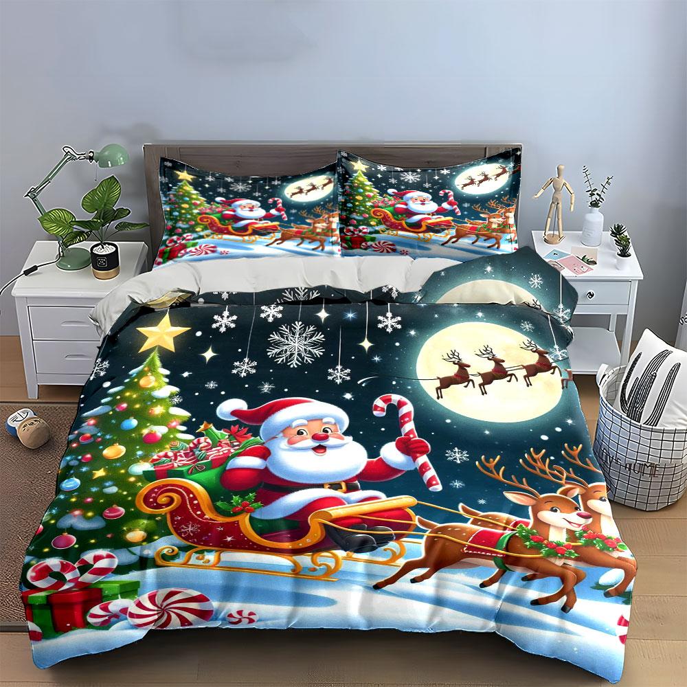 Santa, sleigh, reindeer, snowflakes. Bedding sets Duvet cover sets Duvet covers Pillowcases(1*Duvet Cover 2*Pillowcases without duvet insert)
