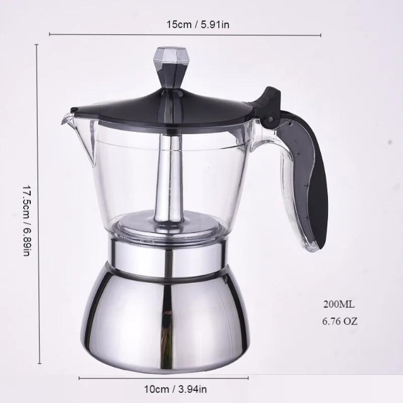 JUSTINLAU 4/6 Cups Transparent Moka Pot Household Espresso Coffee Brewing Kettle for Electric Stove Stainless Steel Moka Pot