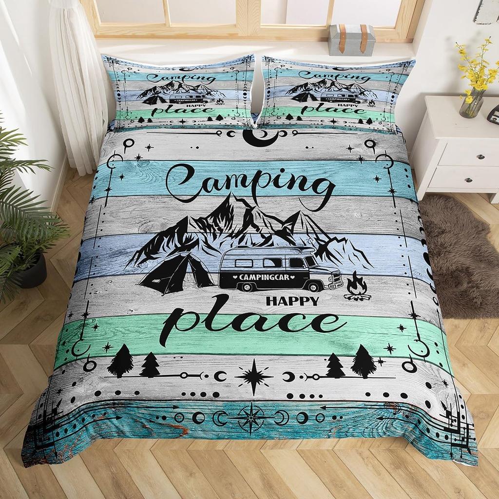 Hand Painted Mountain Decor Duvet Cover Set Queen King Size Happy Camping Kids Bedding For Boys Girls 3 Pcs With 2 Pillowcases