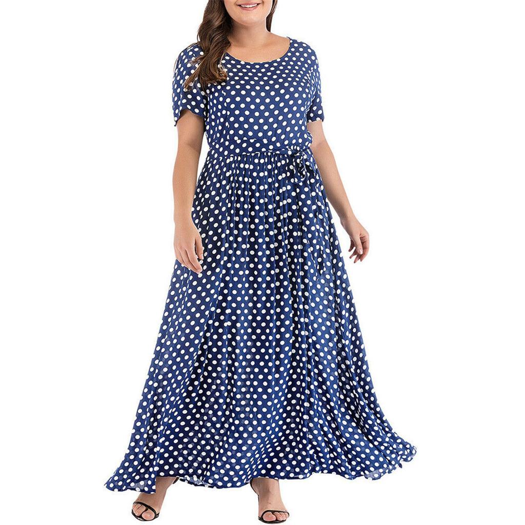 Женское модное летнее пляжное платье с короткими рукавами и круглым воротником, женское элегантное цельное длинное платье в горошек