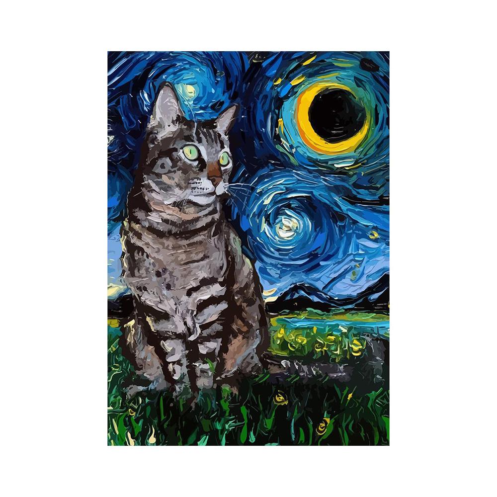 Abstract Van Gogh Starry Night Cat Poster Print Canvas Painting Cute Animal Wall Art For Living Room Home Decoration Cuadros