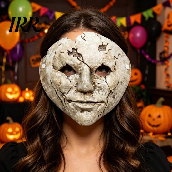 Retro Old Style Horror Mask Halloween Cracked Face Mask, Breathable Lightweight Foam Eye Hole Creepy with Adjustable Strap Scary Props, for