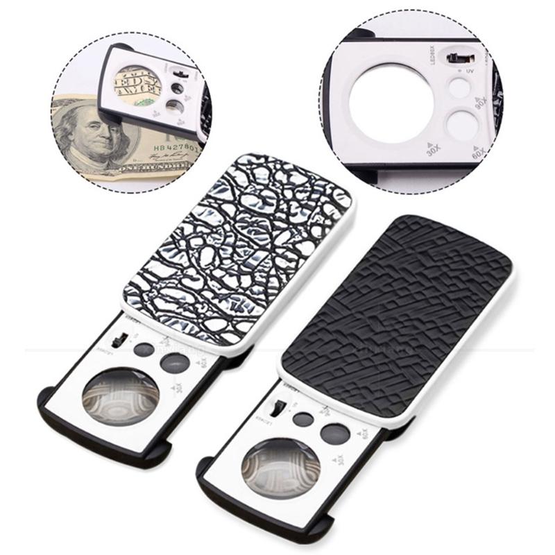 Ювелирная лупа 30X 60X 90X со светодиодной подсветкой, УФ-подсветкой для ювелирных изделий, бриллиантов, драгоценных камней, монет, марок, камней