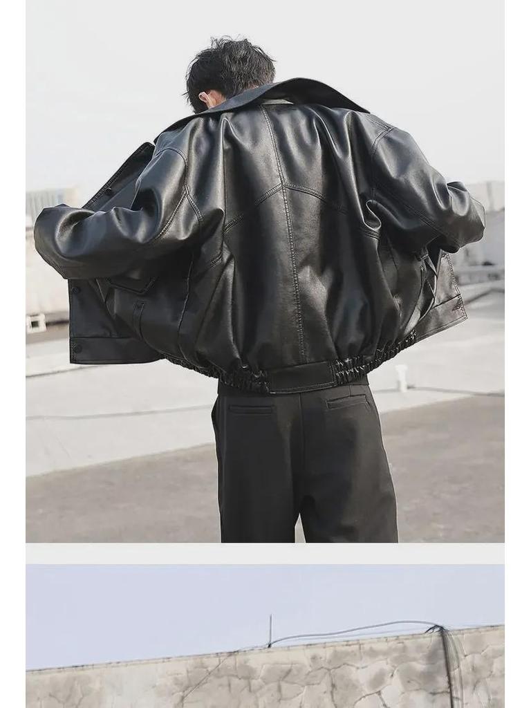 Мужская свободная кожаная мотоциклетная куртка в корейском стиле - пилотный дизайн для весны и осени