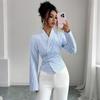 Striped Long-sleeved Shirt with Irregular Cinched Waist, Tie and Bow Decoration, V-neck Shirt