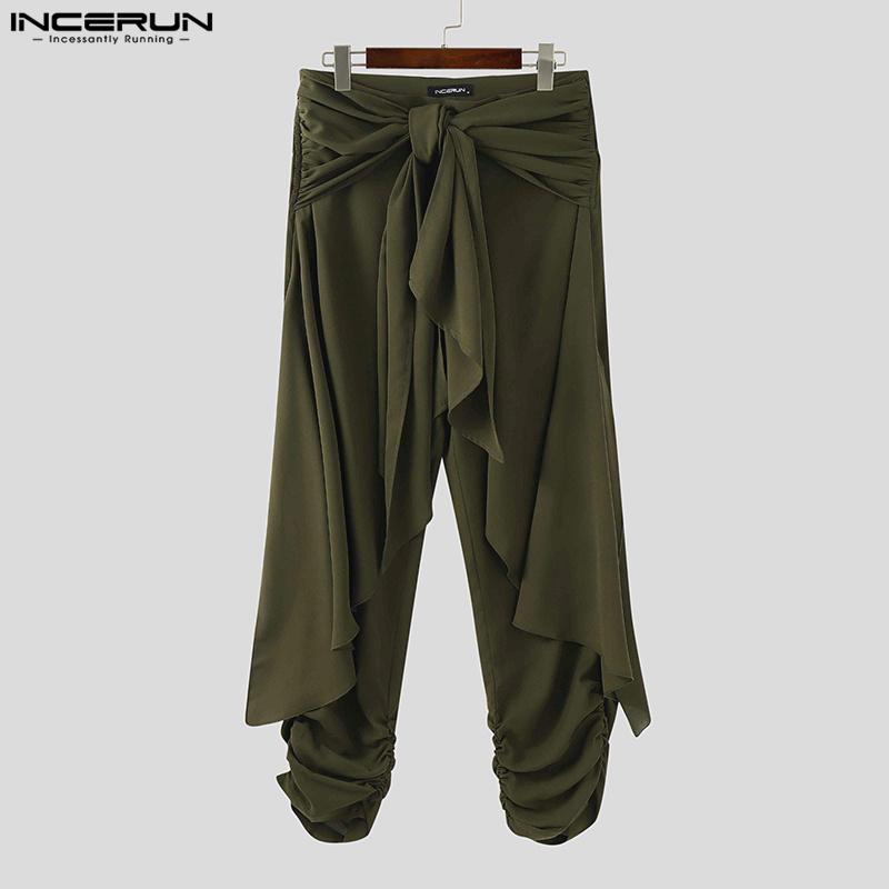 INCERUN Мужские повседневные полупрозрачные брюки-шаровары со шнуровкой и неровными слоями, со складками