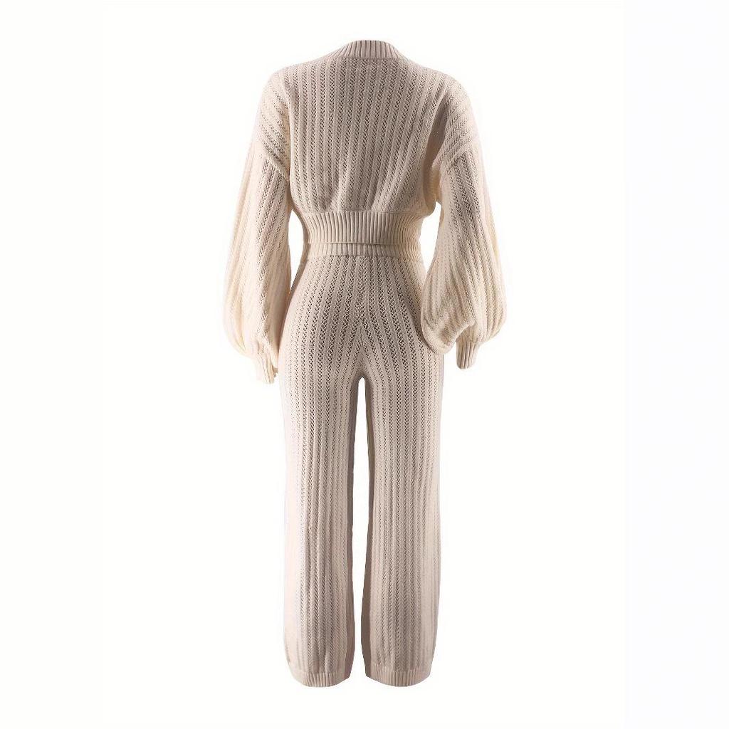 Women's Casual Knit Set: Solid Cardigan & High Waist Joggers Two-Piece Sweater