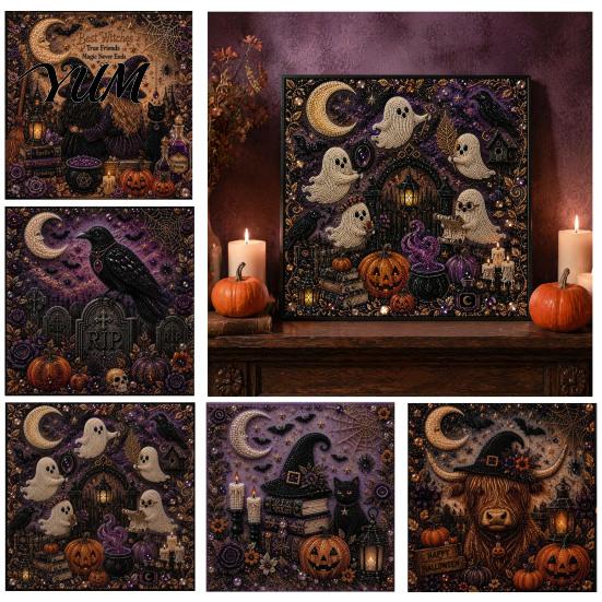 Seasonal Decorative Wall Hanging Halloween Ghost Pearl Painting Kit, 3D Art DIY Spooky Handmade Fall Craft Supplies Cute Cat Crow Kit for Adults, Home