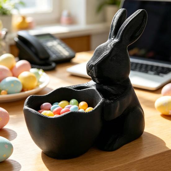 Kids Craft Paintable Bowl 3D Printed Easter Bunny Candy Bowl, Cute Rabbit Holding Figurine, DIY White Desk Blank Decor for Living Room Office,