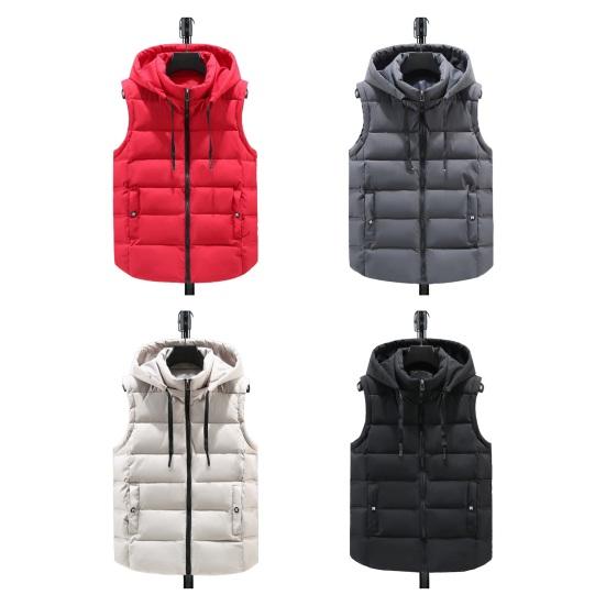 Унисекс хлопковый жилет с капюшоном, воротником-стойкой, завязками на шнурке, без рукавов, застежкой-молнией, жилет с карманами, однотонный утепленный жилет, куртка