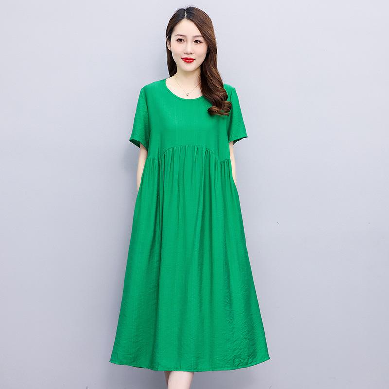 Tencel cotton dress women's summer short-sleeved new large-size catty shows young belly, middle-aged mother dress skirt