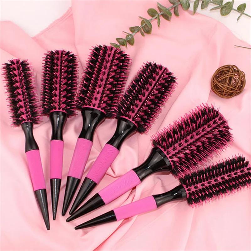 1/6pcs Pink Wooden Round Hair Comb Brush Professional Boar Bristle Hair Brush Mix Nylon Hair Brush Hairdressing Styling Tool