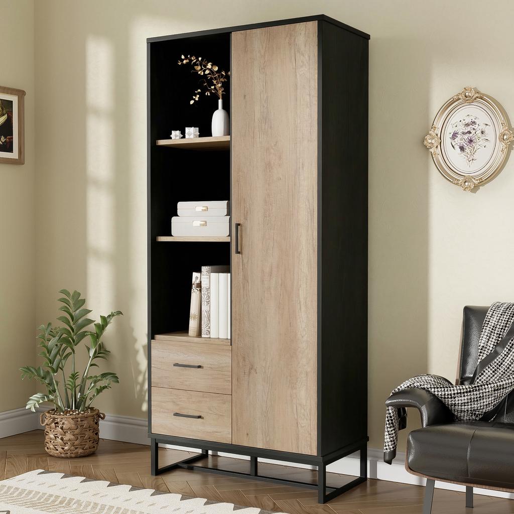 Modern highboard cabinet 80x40x180 cm – wood-look, black frame, door, 2 drawers & 3 open compartments – versatile storage for living room, office