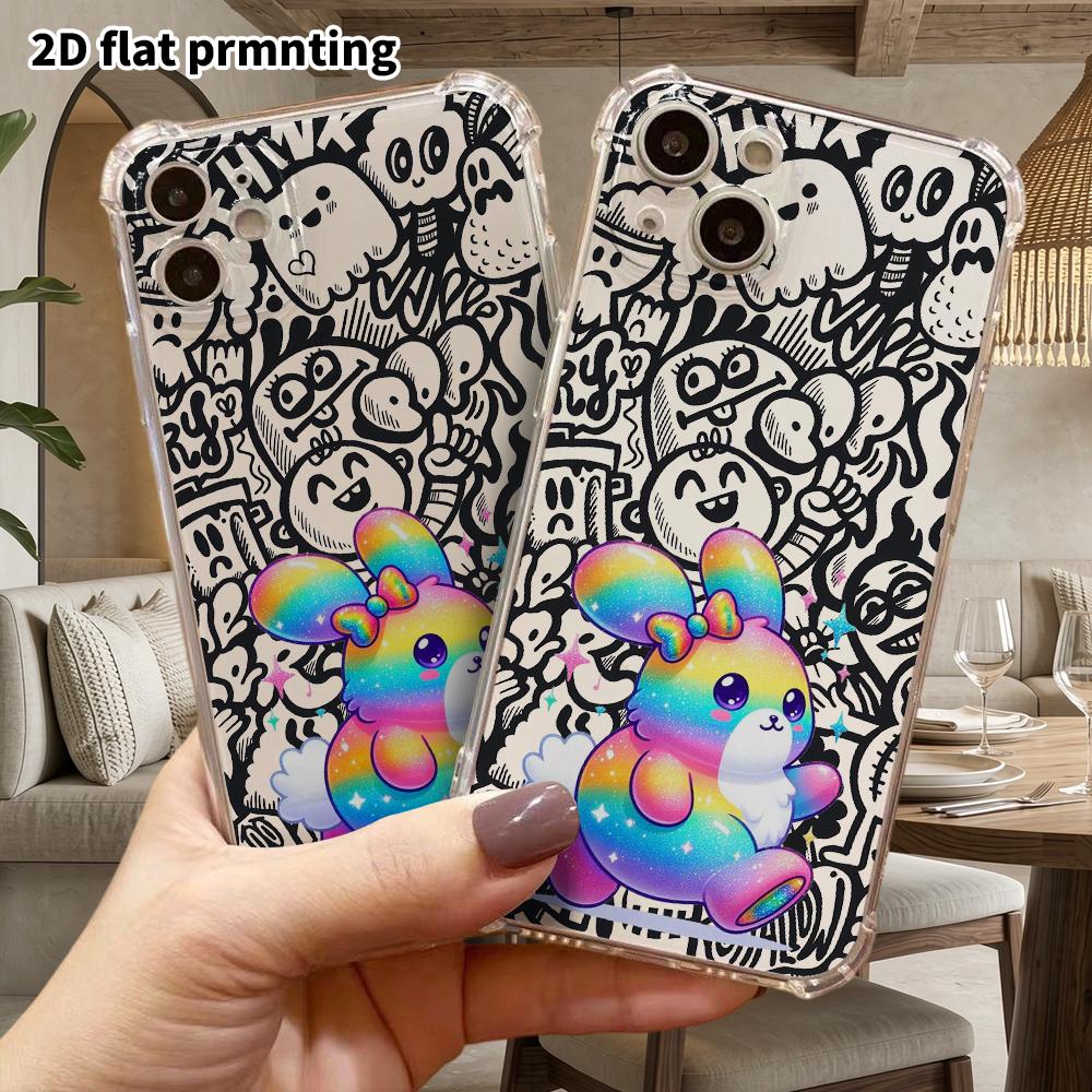 Phone Case: 2D flat suitable for iPhone 18 17 16 15 14 13 Pro, transparent four corner protective case, glitter rabbit, Christmas and Halloween gift