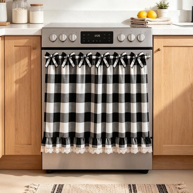 Modern Minimalist Gingham Oven Curtain Kitchen Stove Short Tiered Window Valance Cabinet Or Shelf Decor