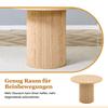 Minimalist round table set. Round dining table made of MDF with 100cm diameter in light wood look. Combined with 4 chairs made of black faux leather.