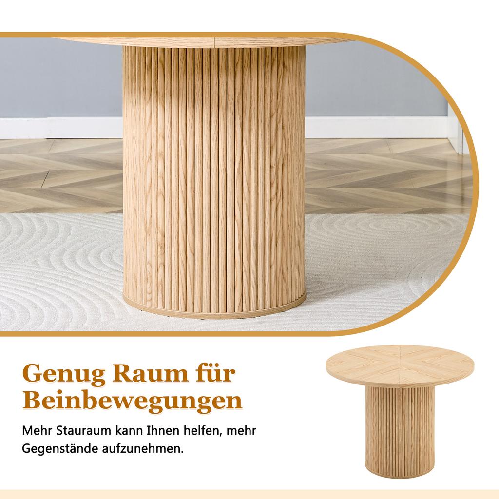 Minimalist round table set. Round dining table made of MDF with 100cm diameter in light wood look. Combined with 4 chairs made of black faux leather.