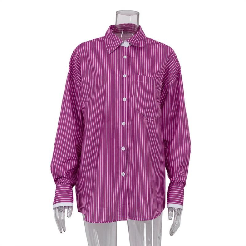 Spring 2026 New Women's Tops Simple Casual Color-Block Striped Long-Sleeve Shirt