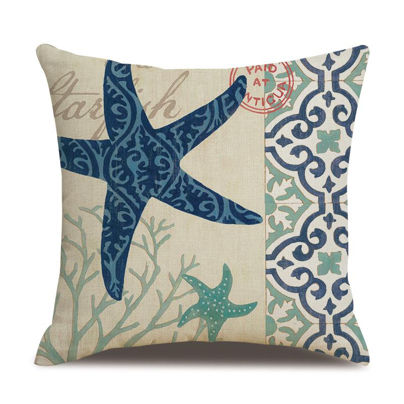 Linen Pillowcase Hand-painted Marine Cotton Linen Coral Seahorse Starfish Octopus Home Soft Furnishing Cushion Cover
