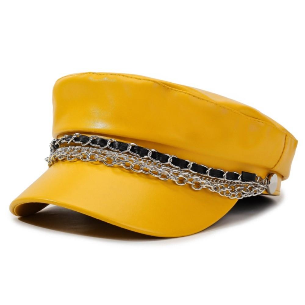 PU Leather Beret Hat Silver Chain Decor Octagonal Beret Cap Vintage Peaked Hat Autumn Winter