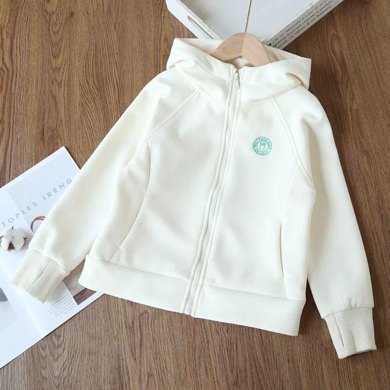 Girls' Simple Hooded Jacket: Solid-Color Spring/Fall Children's Cardigan Sweatshirt