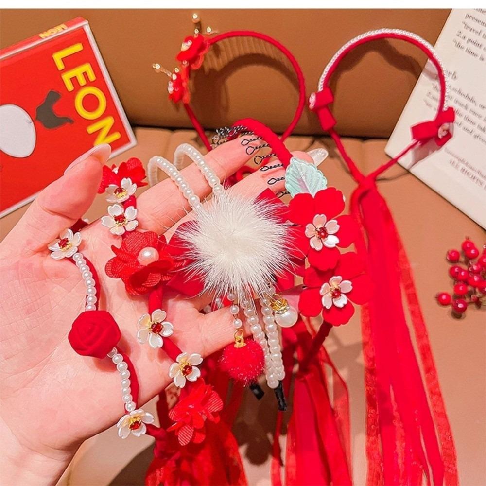Plush Ball Chinese Style Headband Red New Year Hair hoop Elegant Ancient Headwear Wedding