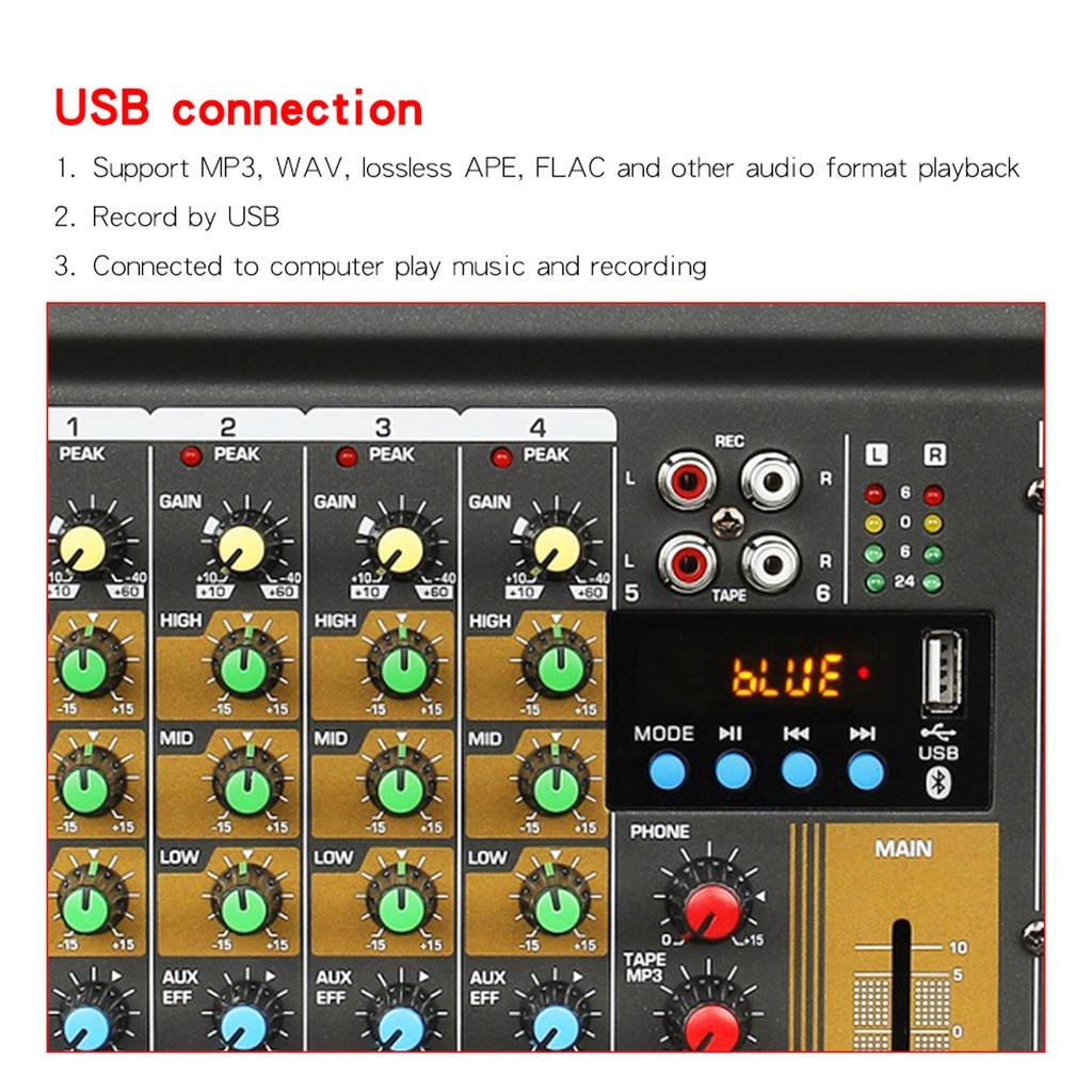 48V Wireless 6-Channel Mixer Audio Professional Portable Sound Mixing Console USB Interface Built-in Phantom Power