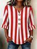 Women's Red White Vertical Striped V-Neck Blouse, 3/4 Ruffle Bell Sleeve Casual Top for Work, Holidays & Daily Outings