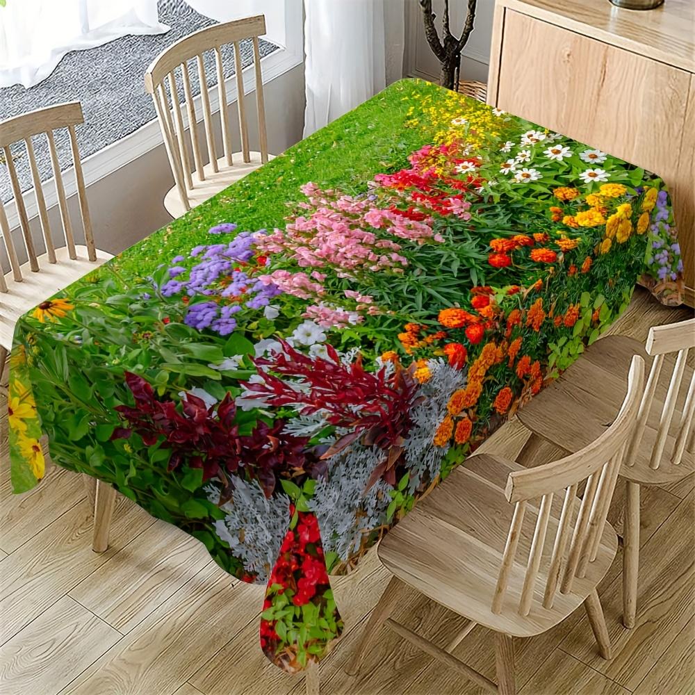 1pc Vibrant Floral Print Rectangular Tablecloth - Lush Garden Design with Multicolor Flowers, Durable Polyester Fabric for Indoor/Outdoor Dining, Than