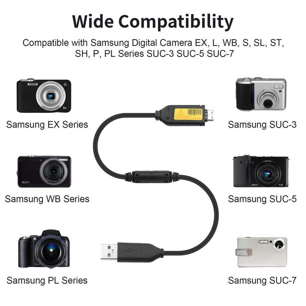 USB-кабель для зарядки совместим с цифровыми камерами Samsung L200 вместо EX, L, WB, S, SL, ST, PL, ST600, ST61, ST65, ST6500, ST67, ST70,