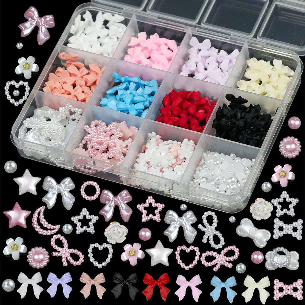 15Grids/box Mixed Resin Bowknot Nail Art Decorations 3D Acrylic Charms Kawaii Colorful Bow Rhinestone DIY Manicure Tools Parts
