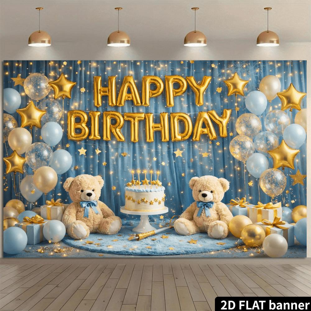 2D Flat Banner Birthday Party Background Cloth Light Blue Curtain Cake Teddy Bear Theme with Golden HAPPY BIRTHDAY