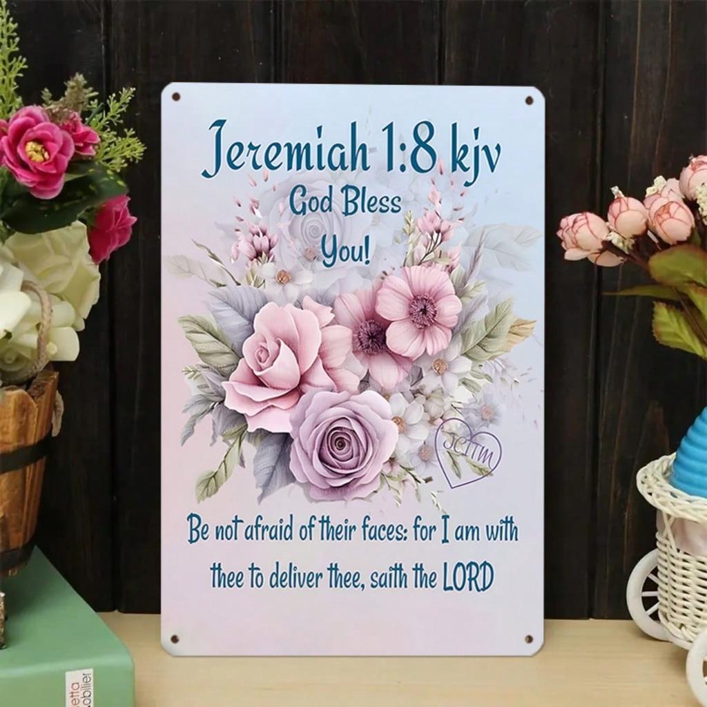 1PC Tin Sign "Jeremiah 1:8 KJV" Bible Verse Aluminum Metal Wall Art with Divine Blessing & Floral Design, Religious Church Decor