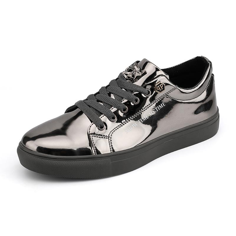 New Brand Blue Mens Fashion Sneakers Luxury Shiny Metal Men Skateboard Shoes Designer Glitter Men Flat Casual Shoes Plus Size 47