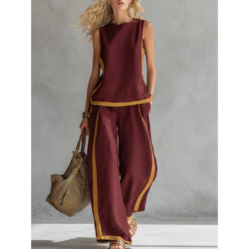 Womens Summer Sleeveless Color Block Pantsuit With Pockets And Splicing For Casual Wear
