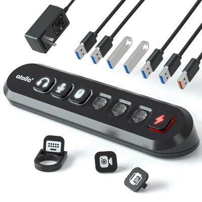 USB-концентратор atolla с питанием 5 Гбит/с, 6 портов USB, быстрая зарядка 18 Вт, USB-хаб с независимыми переключателями-иконками для удобного подключения кабелей, USB-хаб с питанием, совместимый с Pro