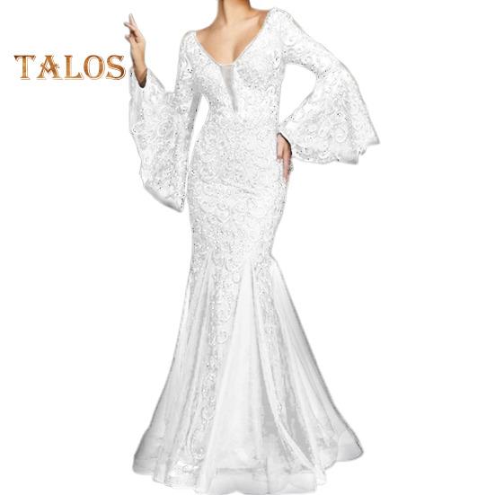 Женское вечернее платье с V-образным вырезом, прозрачной кружевной вышивкой, расклешенными рукавами, бальное платье А-силуэта, подол «рыбий хвост», облегающее коктейльное вечернее платье, выпускной, банкетное платье макси