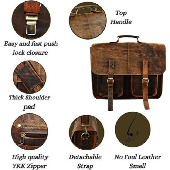 New Mens Messenger 16 Inch Vintage Genuine Leather Briefcase Large Computer Laptop Satchel Shoulder Bag, Brown