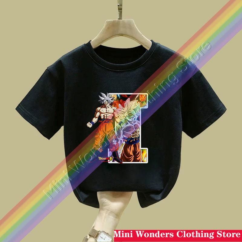 Dragon Ball Goku Tshirt Letter AZ Print Boys Clothes Cotton Short Sleeve Toddler Fashion Cartoon Anime Summer Street Wear Gift