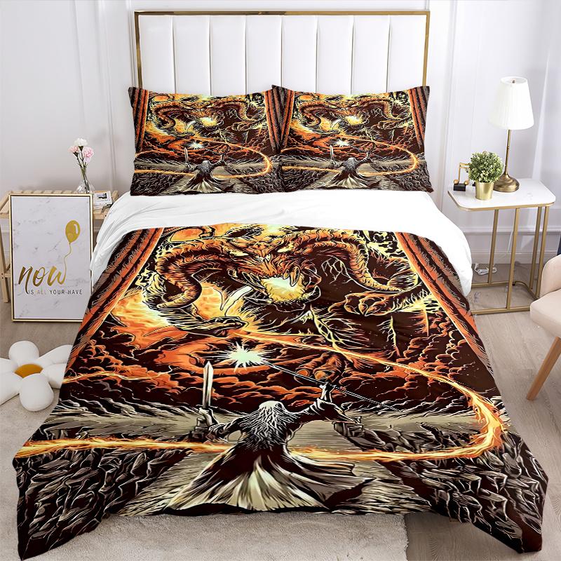 3pcs Dragon vs Wizard Comforter Set with One Quilt Cover and Two Pillowcases (No Core) - Anime Cartoon Design, Polyester Fabric, Perfect for Bedroom a