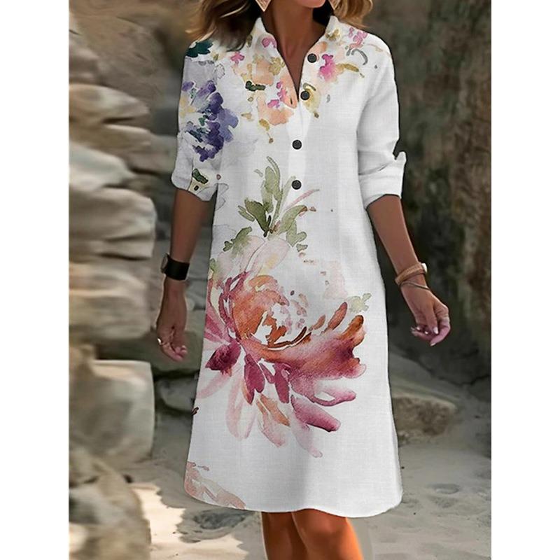 VEZFAA Женская мода весна осень цветочный узор принт длинный рукав воротник поло свободная талия повседневные платья